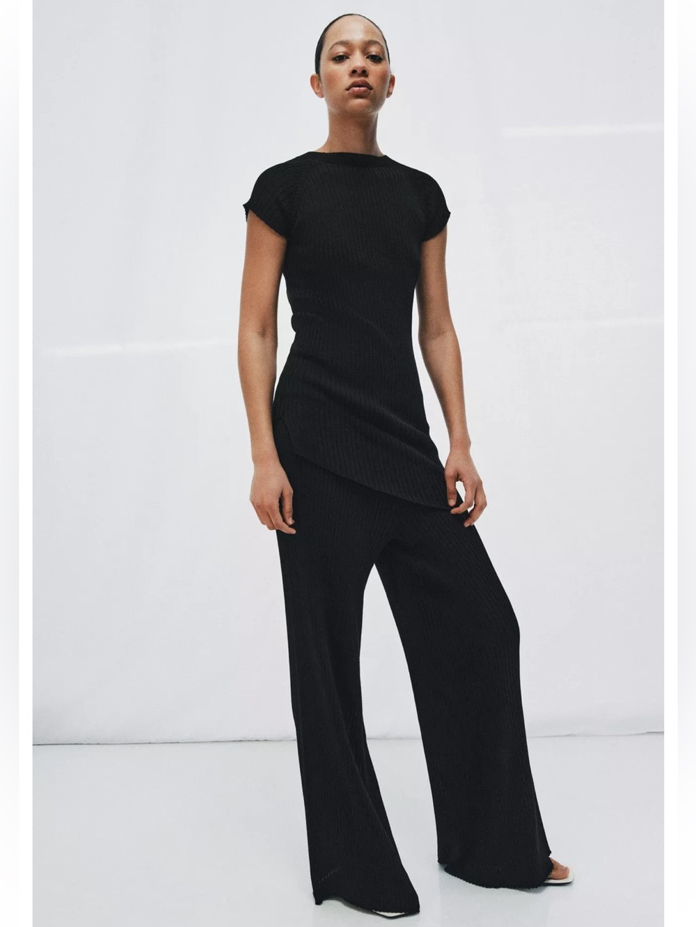 NWT Zara Black Ribbed Wide-Leg Pants